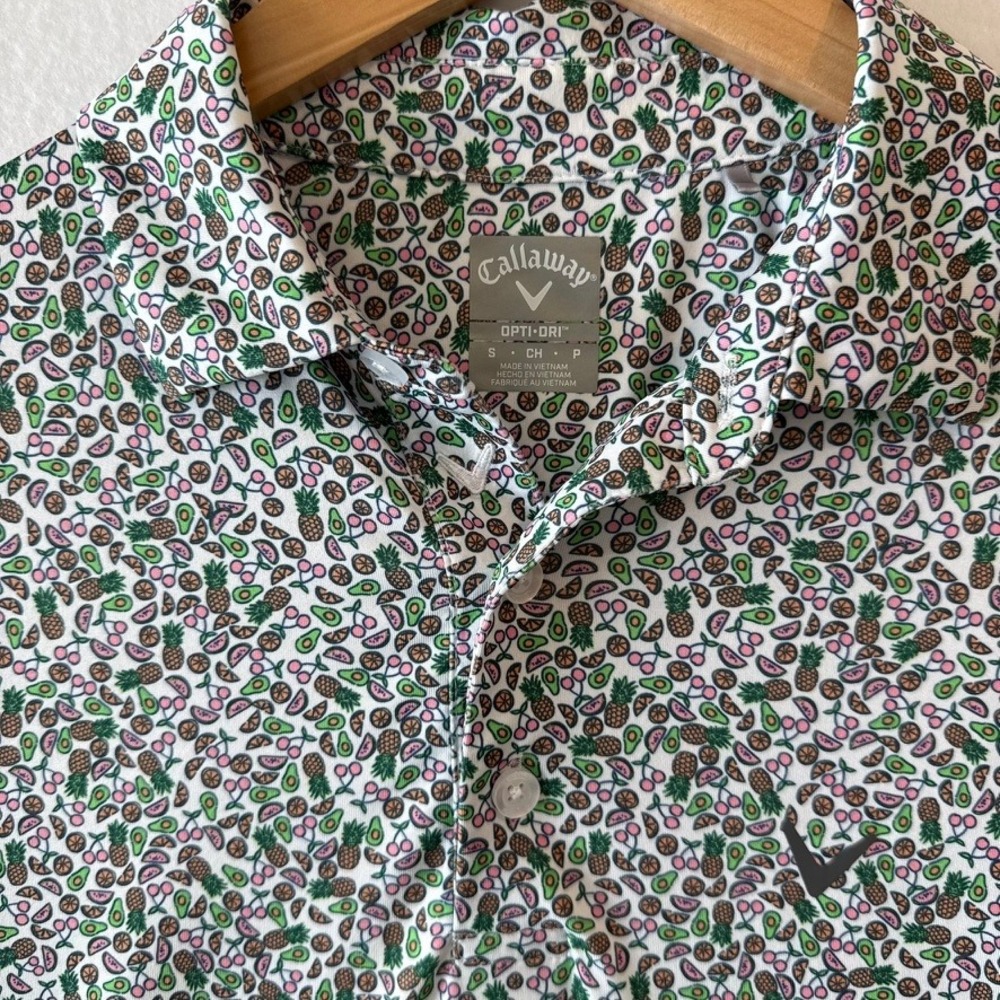 Callaway Mens Opti-Dri Fruit Print Golf Polo Shirt Small Pineapple Avocado White